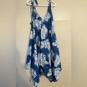 Boho Blue and White Leaf Print One size tie top romper